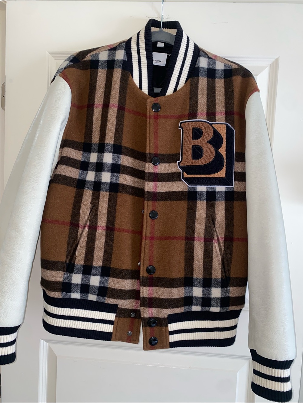 EXCLUSIVE Burberry Letterman Jacket in iconic Burberry Plaid/marbled leather